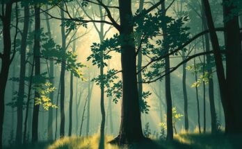 A tranquil scene of a deep forest with soft light filtering through trees, symbolising introspection and emotional depth.
