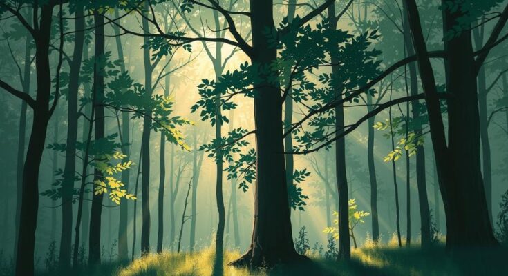 A tranquil scene of a deep forest with soft light filtering through trees, symbolising introspection and emotional depth.
