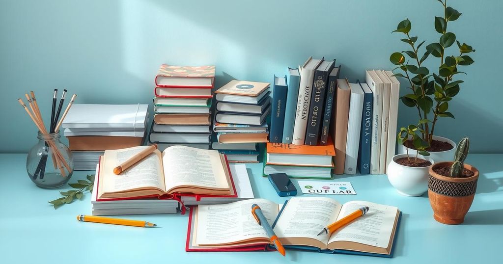 A serene study space with educational tools, books, and calming light blue tones in an uplifting atmosphere.