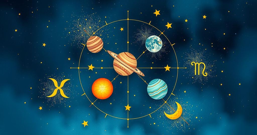 A mystical celestial scene with zodiac symbols, planets in alignment, and a deep blue and gold colour scheme.