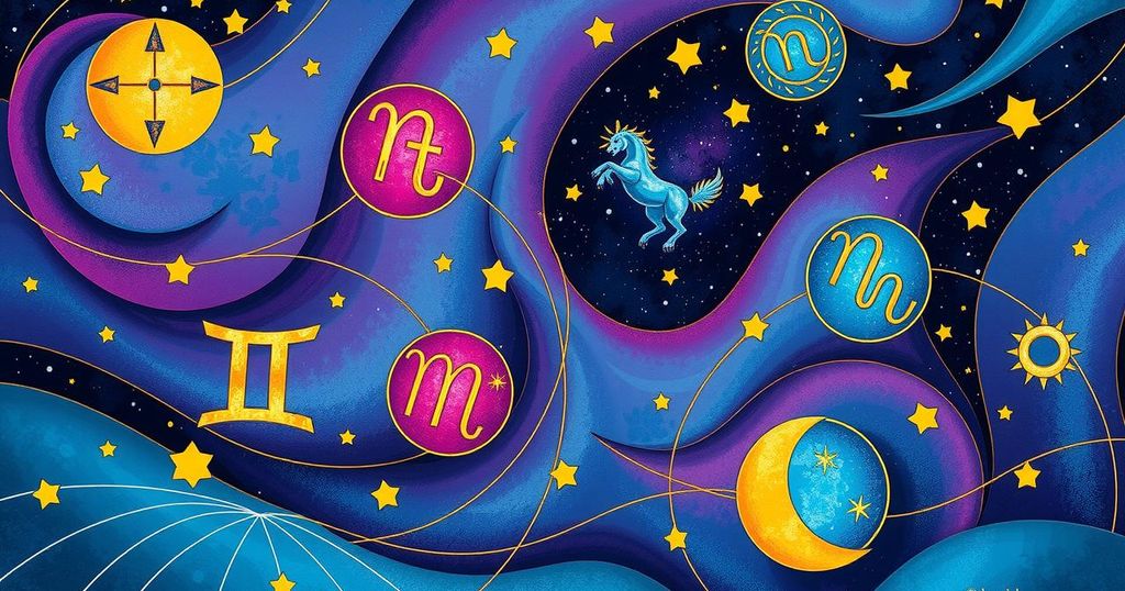 Astrological symbols against a vibrant cosmic background, showcasing zodiac signs and celestial elements.