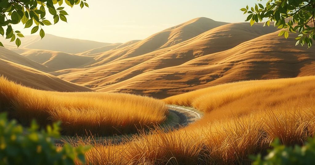 A tranquil scene of a serene landscape with dark brown tones and soft, natural elements in an impressionist style.