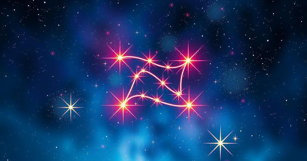Astrological symbols surrounding a radiant Gemini constellation, with vibrant cosmic colours in a starry sky.