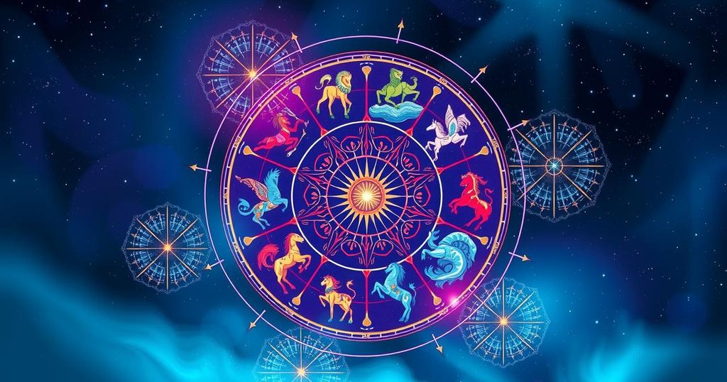 A vibrant zodiac wheel featuring astrological symbols and constellations against a cosmic background in dreamy blues and purples.