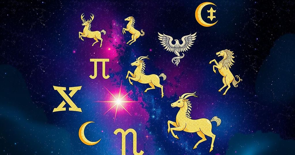 Colourful zodiac symbols representing astrology on a celestial background with stars and constellations.