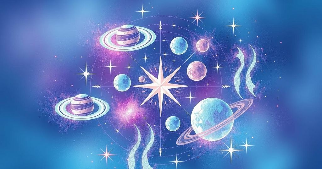 A cosmic scene featuring zodiac symbols and celestial elements, illustrating astrological predictions.