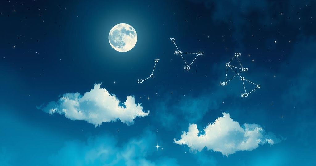 A serene moonlit scene depicting the zodiac signs as constellations in a night sky, surrounded by soft clouds.