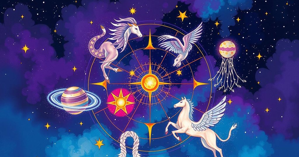 Astrology-themed illustration featuring zodiac symbols and celestial elements in a vibrant colour scheme.