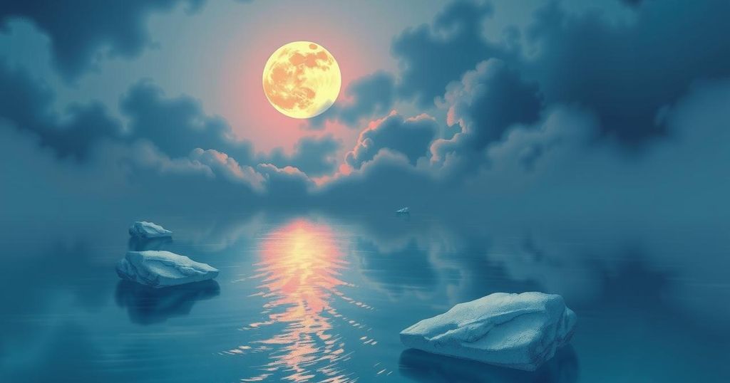 A calming night sky illuminated by a radiant full moon over tranquil waters, symbolising emotional reflection and release.