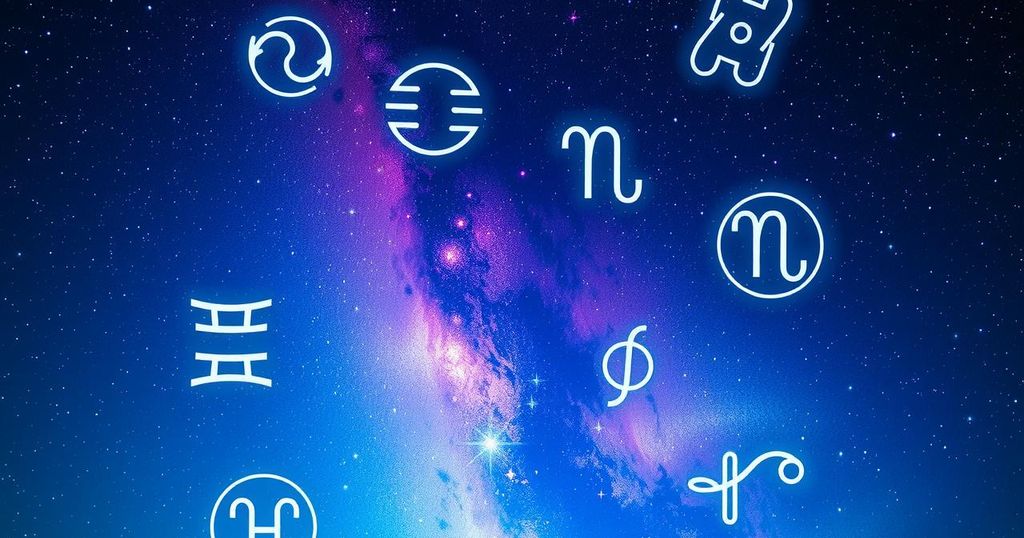 Astrological symbols and zodiac signs illustrated in cosmic design with vibrant colours and starry background.
