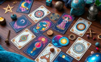 A mystical tarot card spread with zodiac symbols and celestial elements, bright colours enhancing a cosmic feel.