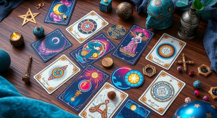 A mystical tarot card spread with zodiac symbols and celestial elements, bright colours enhancing a cosmic feel.