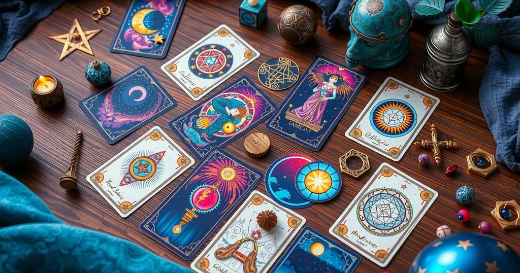 A mystical tarot card spread with zodiac symbols and celestial elements, bright colours enhancing a cosmic feel.