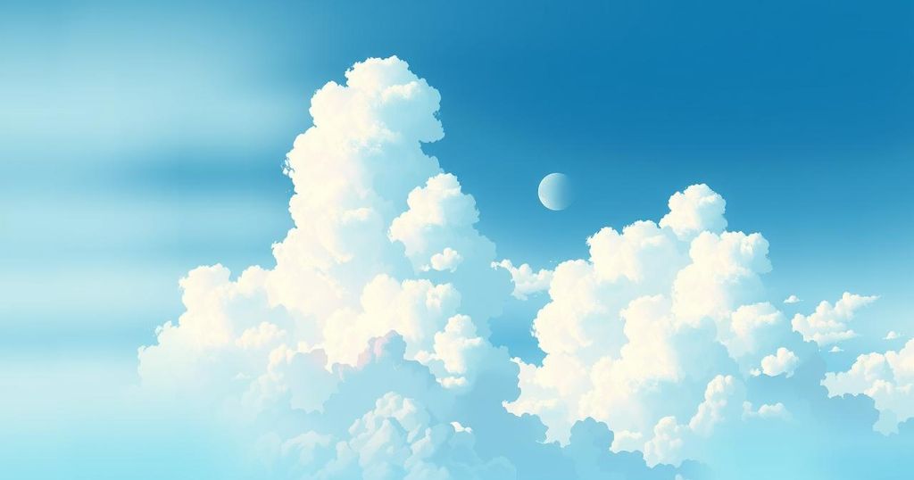 A serene sky with aqua blue hues and soft clouds, representing growth and success for Gemini today.