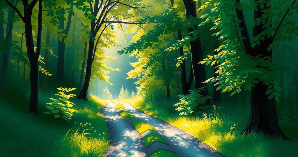 A serene nature scene with a tranquil forest path embraced by vibrant greenery and soft sunlight, illustrating spiritual connection.