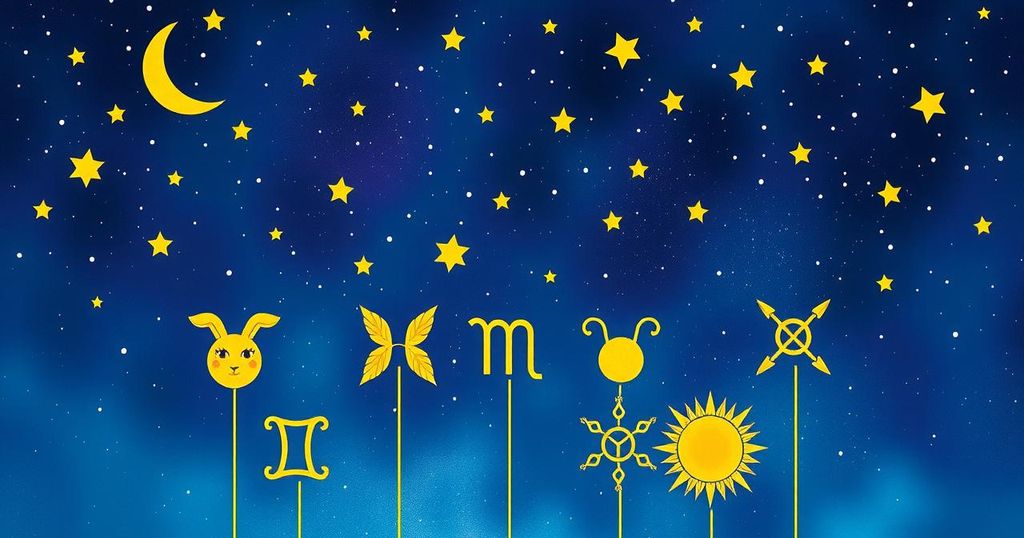 A vibrant cosmic scene highlighting astrological signs with a starry sky and celestial bodies in celestial colours.