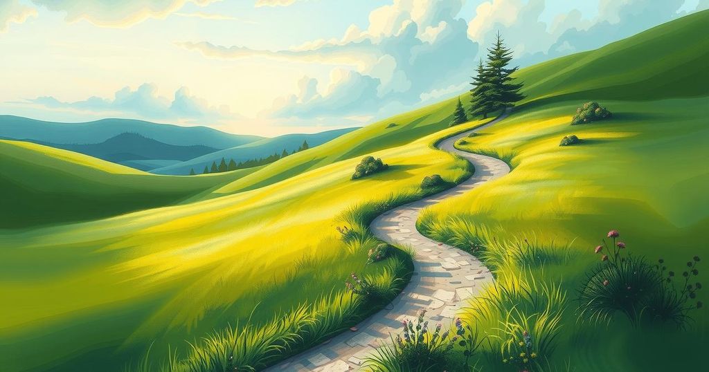 A tranquil landscape with a winding path leading through lush greenery, symbolising inner peace and clarity.