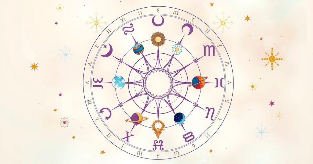 A celestial illustration featuring zodiac signs and cosmic elements in pastel shades representing astrology.