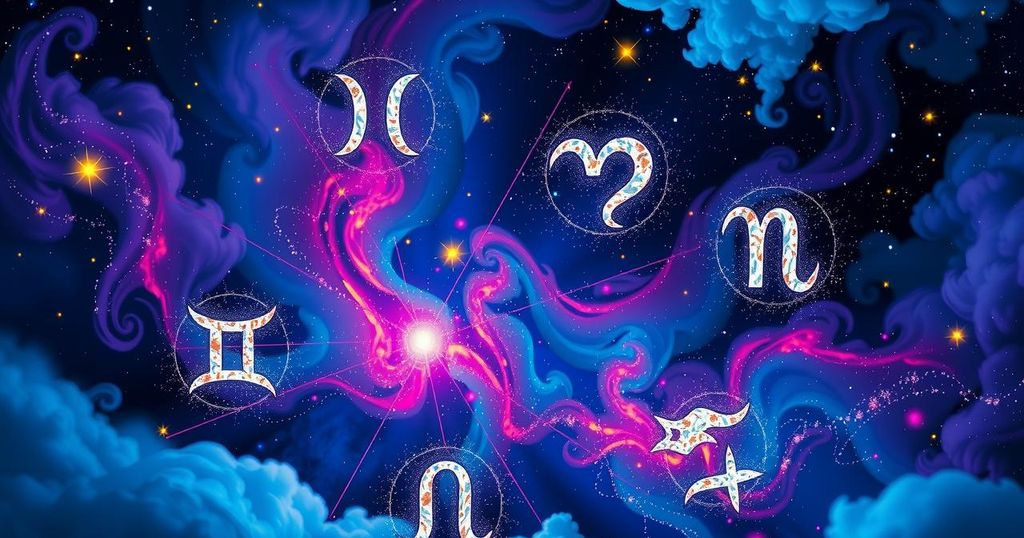 A celestial scene showcasing zodiac symbols surrounded by stars and cosmic energy in vibrant hues.
