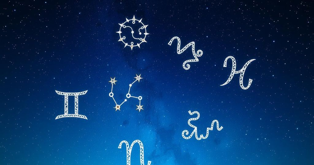 Astrological symbols with a starry background representing horoscope forecasts for each zodiac sign this week.
