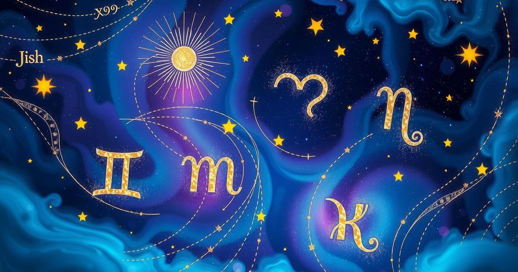 Astrological scene with stars and zodiac symbols, featuring celestial colours of deep blue, gold and purple, in a mystical style.