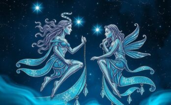 A celestial scene depicting Gemini twins under a starry sky with cosmic elements, symbolising astrological insights.