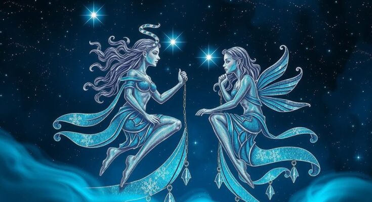 A celestial scene depicting Gemini twins under a starry sky with cosmic elements, symbolising astrological insights.