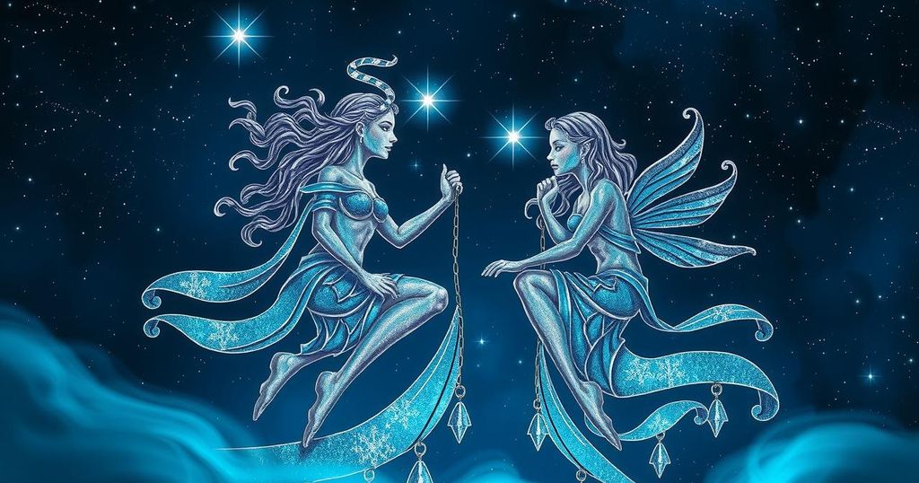 A celestial scene depicting Gemini twins under a starry sky with cosmic elements, symbolising astrological insights.