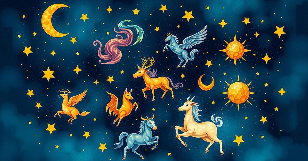 A vibrant astrological theme depicting zodiac symbols with celestial elements, incorporating blues and golds in a mystical design.