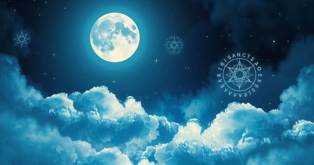 A celestial scene featuring a vibrant full moon over a tranquil night sky, with shimmering stars and astrological symbols.