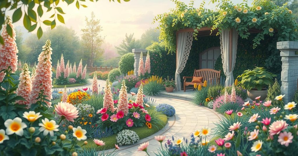 Creative and vibrant representation of self-discovery, showcasing a peaceful garden with blooms symbolizing new beginnings.