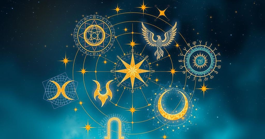 Astrological symbols arranged with a serene cosmic background in hues of blue and gold, reflecting astrological insights.