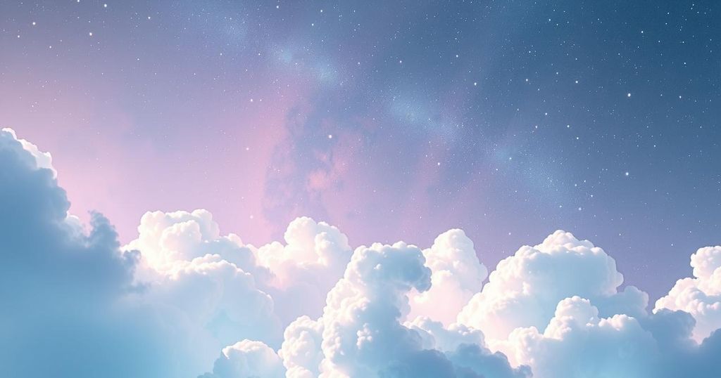 A dreamy cosmic scene with ethereal clouds and soft stars representing intuition and compassion under Pisces moon.
