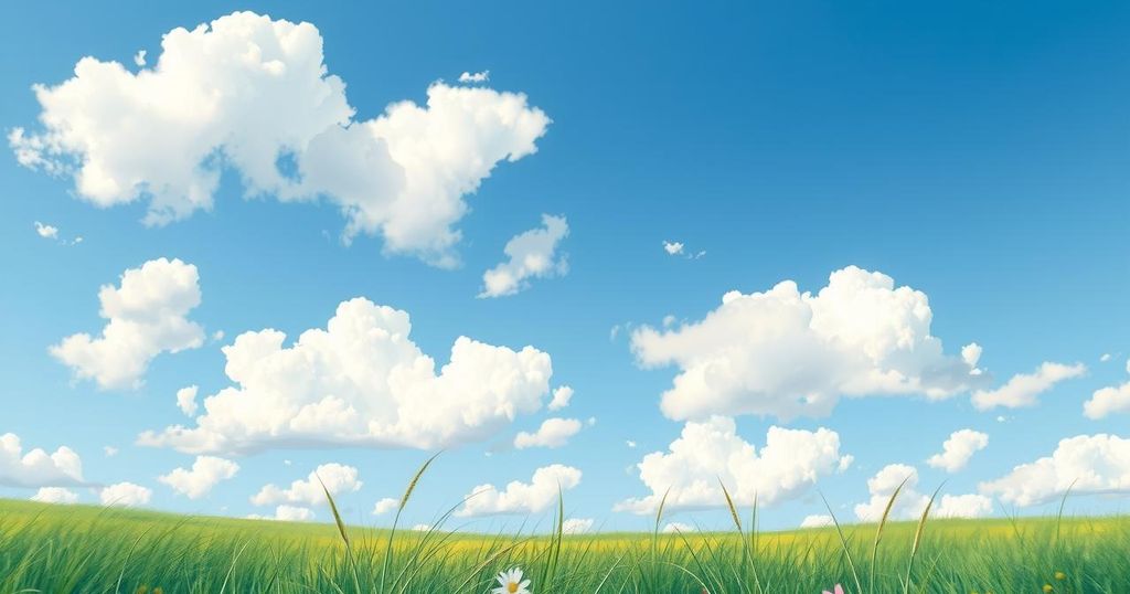 A serene landscape featuring a bright blue sky and lush greenery symbolising positivity and high morale.