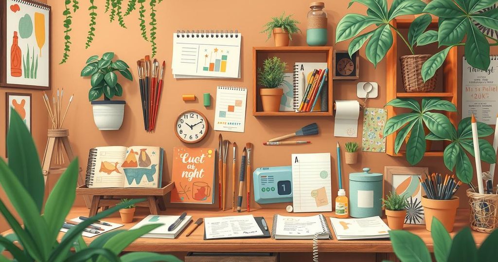 A creative workspace adorned with brown hues, featuring art supplies, sketches, and plants, inspiring innovation.