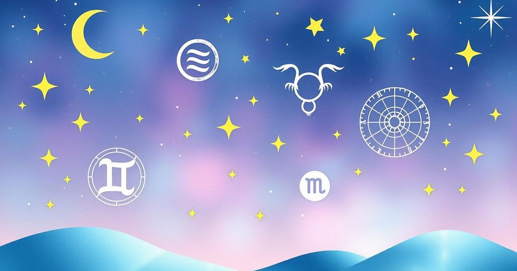A vibrant cosmic scene illustrating astrological symbols and zodiac signs under a starlit sky, featuring pastel shades.