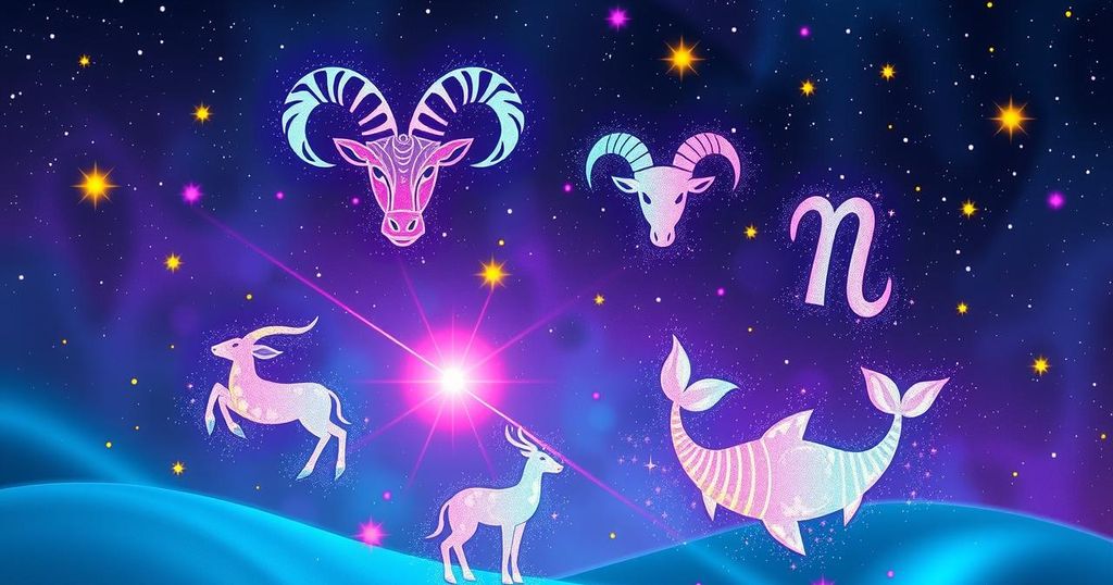 Astrological symbols of Taurus, Capricorn, Aries, Virgo, and Pisces with colourful stars and a cosmic backdrop.