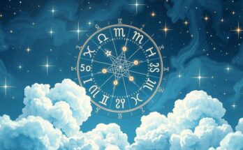 A celestial scene featuring zodiac signs and planets, surrounded by a calming blue and white colour scheme.