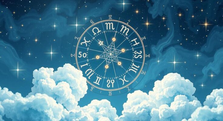 A celestial scene featuring zodiac signs and planets, surrounded by a calming blue and white colour scheme.