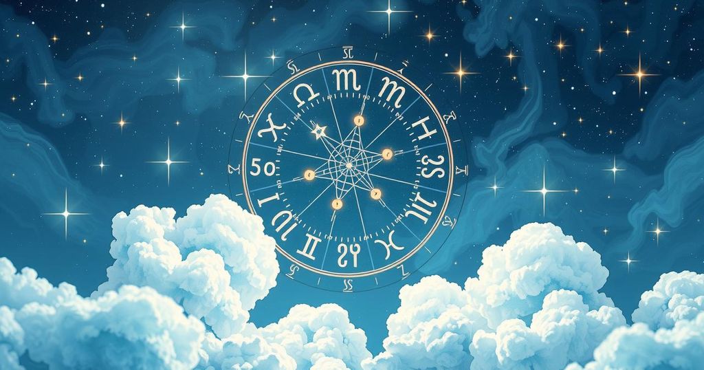 A celestial scene featuring zodiac signs and planets, surrounded by a calming blue and white colour scheme.