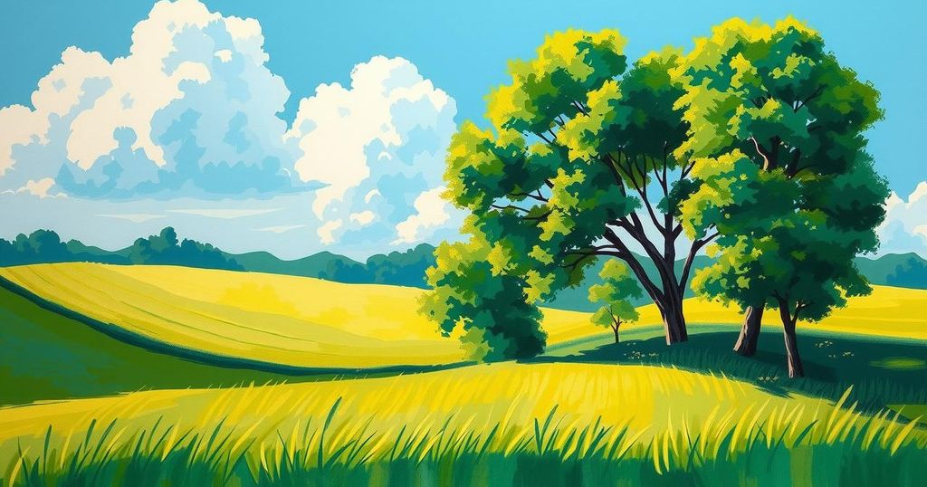 A serene landscape with vibrant greenery, symbolising positivity and balance, under a bright sky.