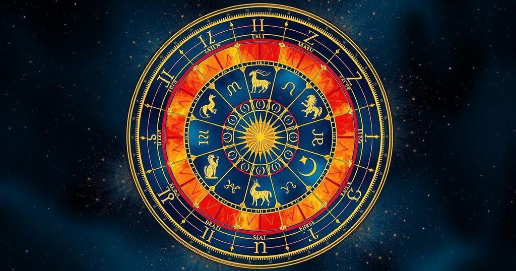 A vibrant astrological wheel with zodiac symbols, colours representing each sign, and a celestial background.