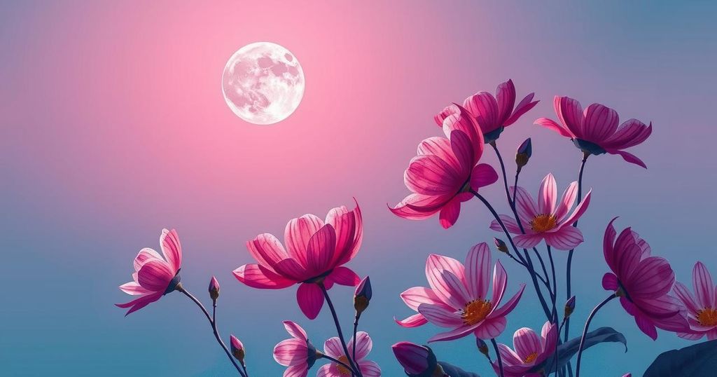 A glowing full pink moon against a twilight sky, illuminating blooming flowers below, embodying balance and transformation.