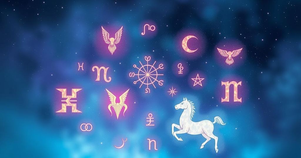 Astrological symbols representing different zodiac signs with a cosmic background in calming colours.