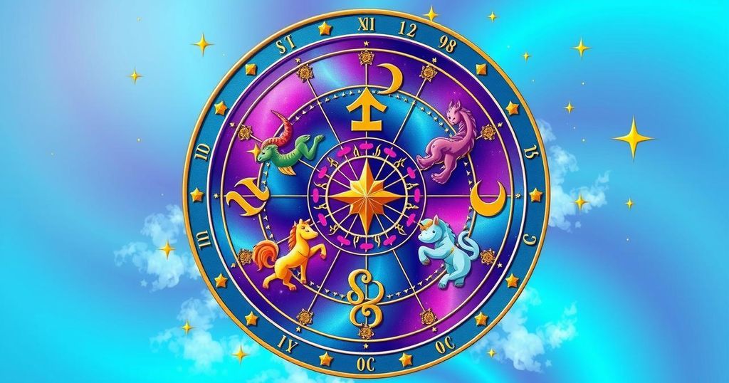 Astrological wheel with five zodiac symbols in vibrant colours, representing positive horoscopes for February 3, 2025.