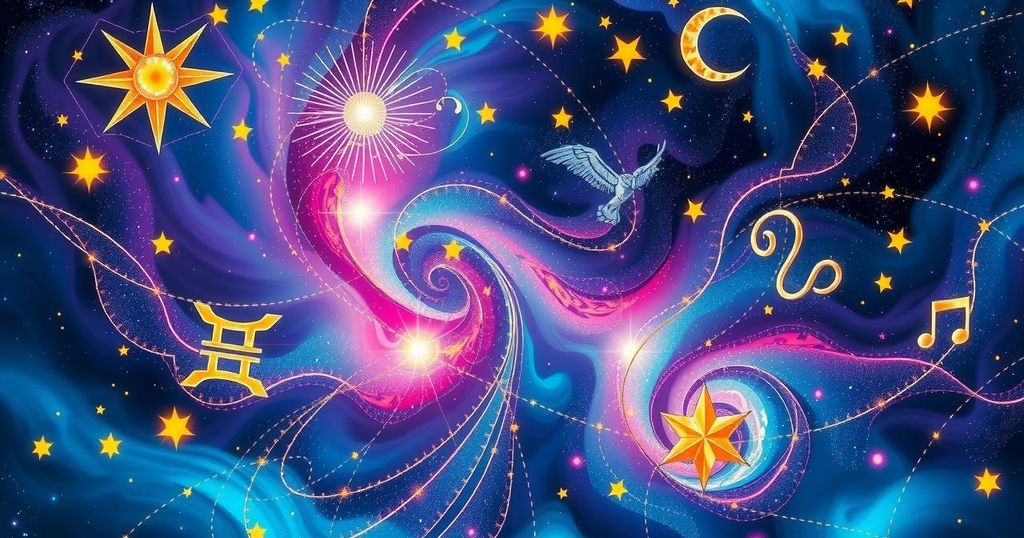 Astrological symbols on a cosmic backdrop with vibrant colors, representing personal growth and change for zodiac signs.