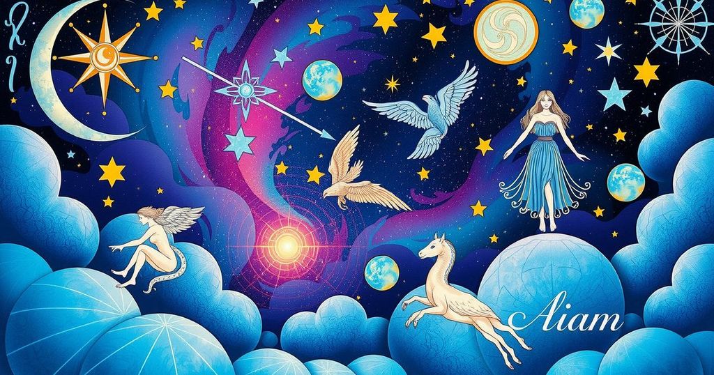 Astrological motifs featuring zodiac signs and cosmic symbols set against a starry night background in vibrant blues and purples.