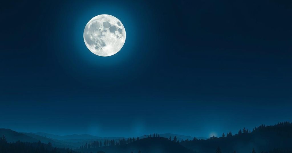A serene full moon night with a vibrant Scorpio symbol glowing in the night sky over a calm landscape.