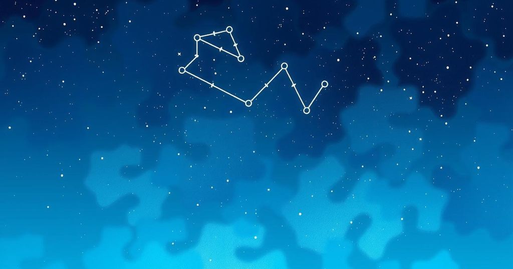 Starry night sky with constellations representing Virgo, soft blue and silver hues evoke tranquility and introspection.