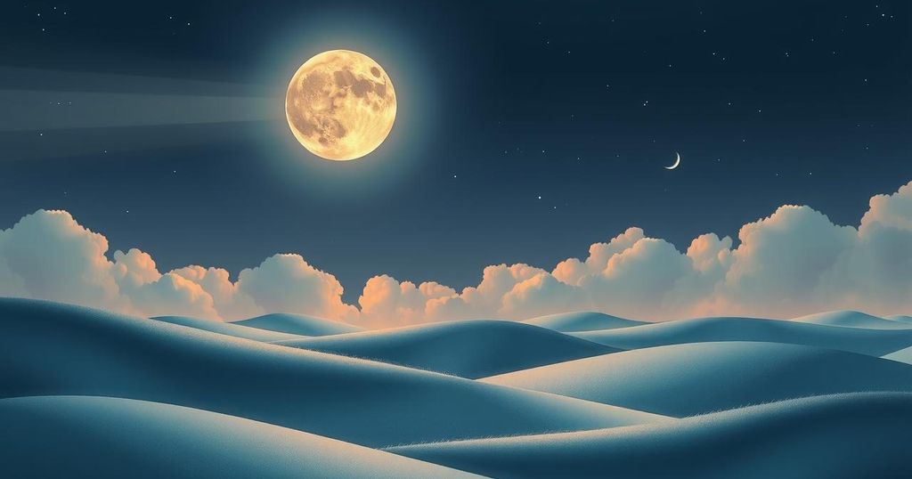 A serene night sky showcasing a radiant waxing gibbous Moon over a tranquil landscape in soft pastels.